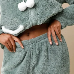 Pyjama<Blancheporte Pyjama in fleece, jasje met rits en pompons kaki / ecru