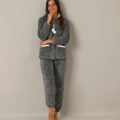 Pyjama<Blancheporte Pyjama in fleece, jasje met rits en pompons grijs / ecru