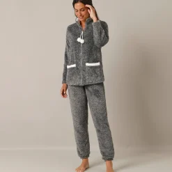 Pyjama<Blancheporte Pyjama in fleece, jasje met rits en pompons grijs / ecru