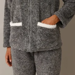 Pyjama<Blancheporte Pyjama in fleece, jasje met rits en pompons grijs / ecru