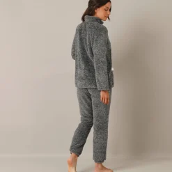 Pyjama<Blancheporte Pyjama in fleece, jasje met rits en pompons grijs / ecru