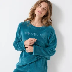 Pyjama<Blancheporte Pyjama in fleece met 'bonheur' borduursel, lange mouwen eendenblauw