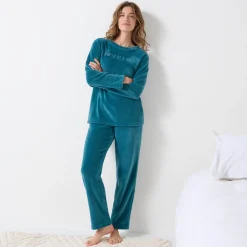Pyjama<Blancheporte Pyjama in fleece met 'bonheur' borduursel, lange mouwen eendenblauw