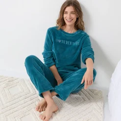 Pyjama<Blancheporte Pyjama in fleece met 'bonheur' borduursel, lange mouwen eendenblauw