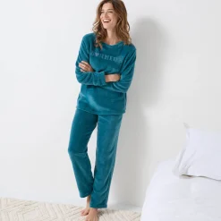 Pyjama<Blancheporte Pyjama in fleece met 'bonheur' borduursel, lange mouwen eendenblauw