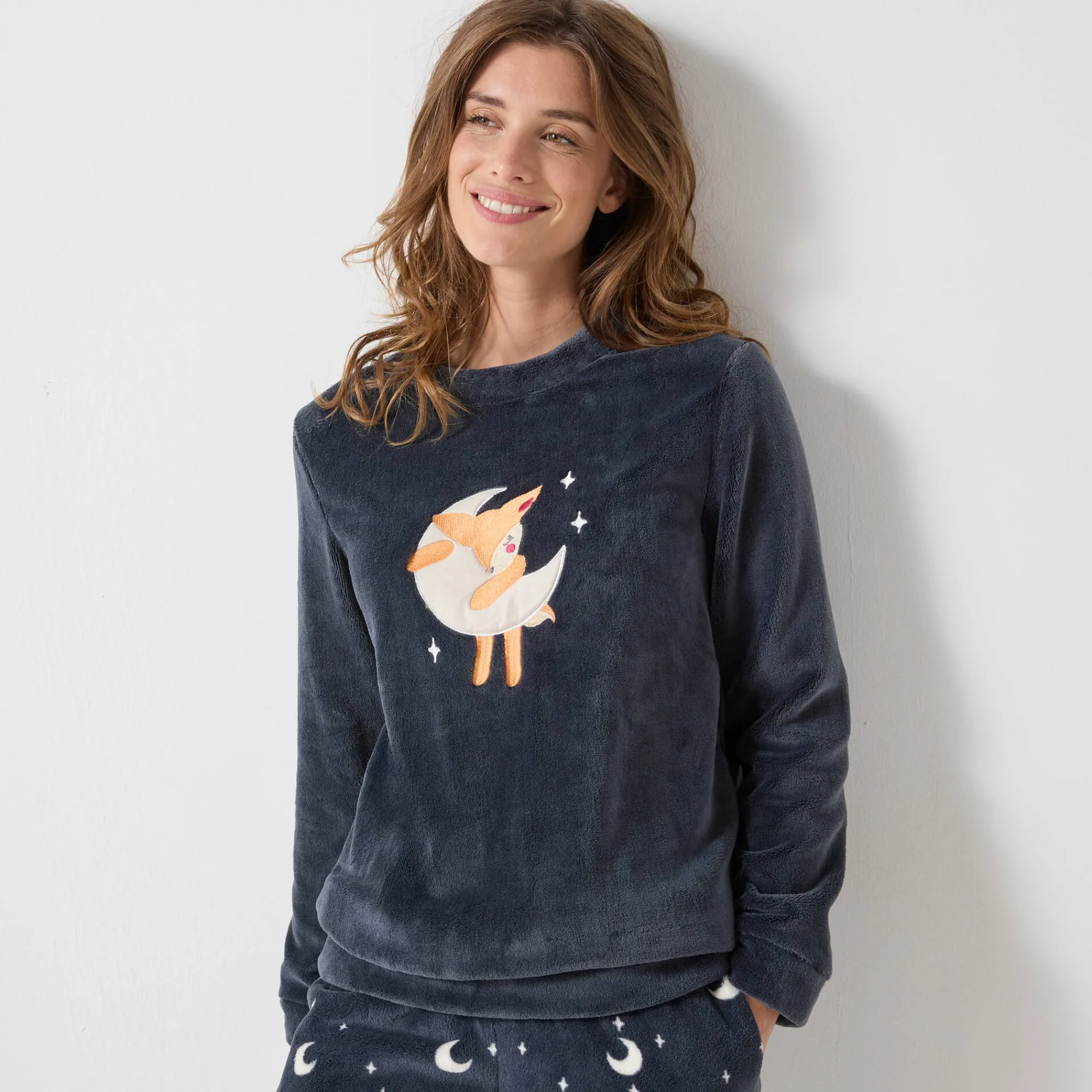 Pyjama<Blancheporte Pyjama in fleece met 'hertenkalf' print, lange mouwen + bijpassend masker leiblauw