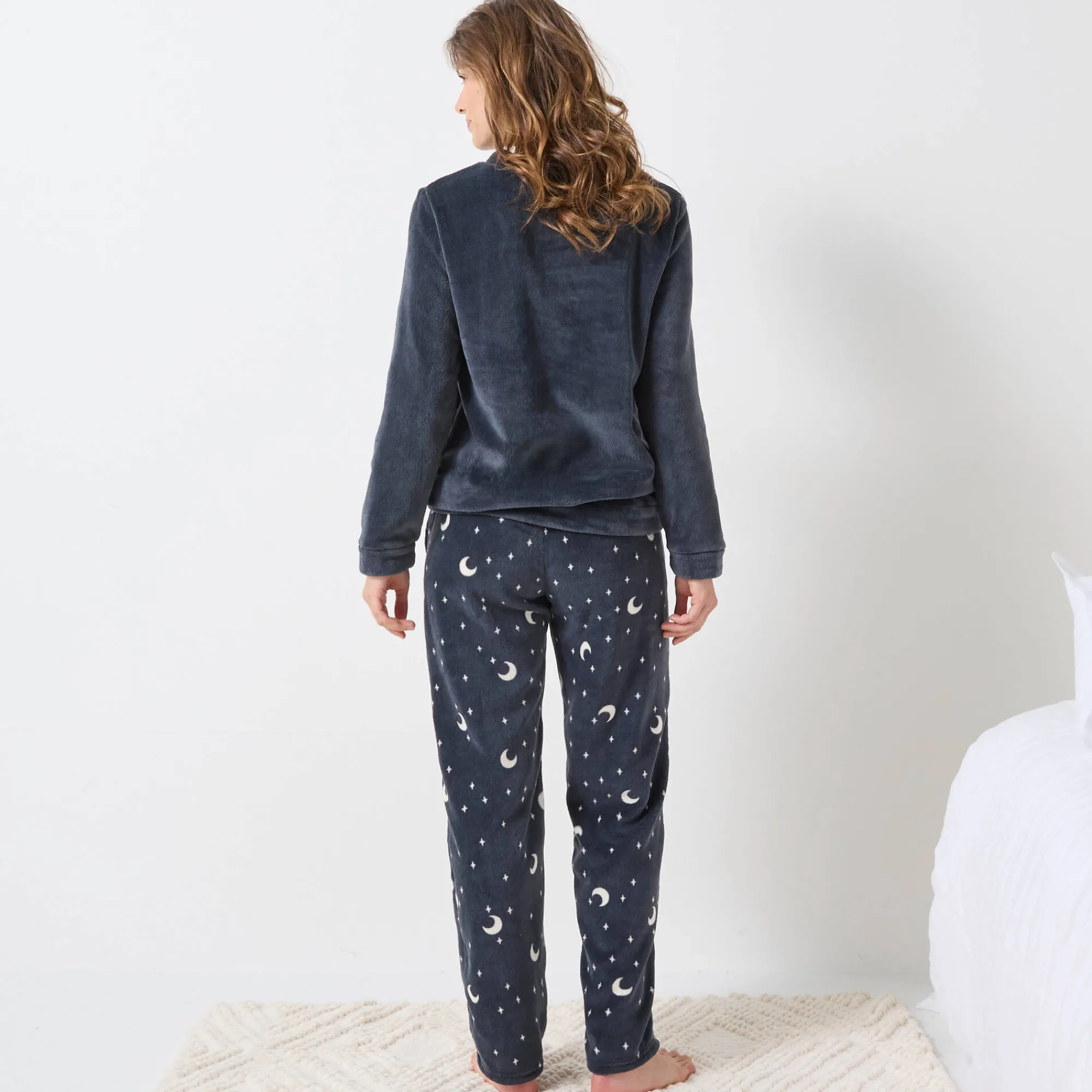 Pyjama<Blancheporte Pyjama in fleece met 'hertenkalf' print, lange mouwen + bijpassend masker leiblauw