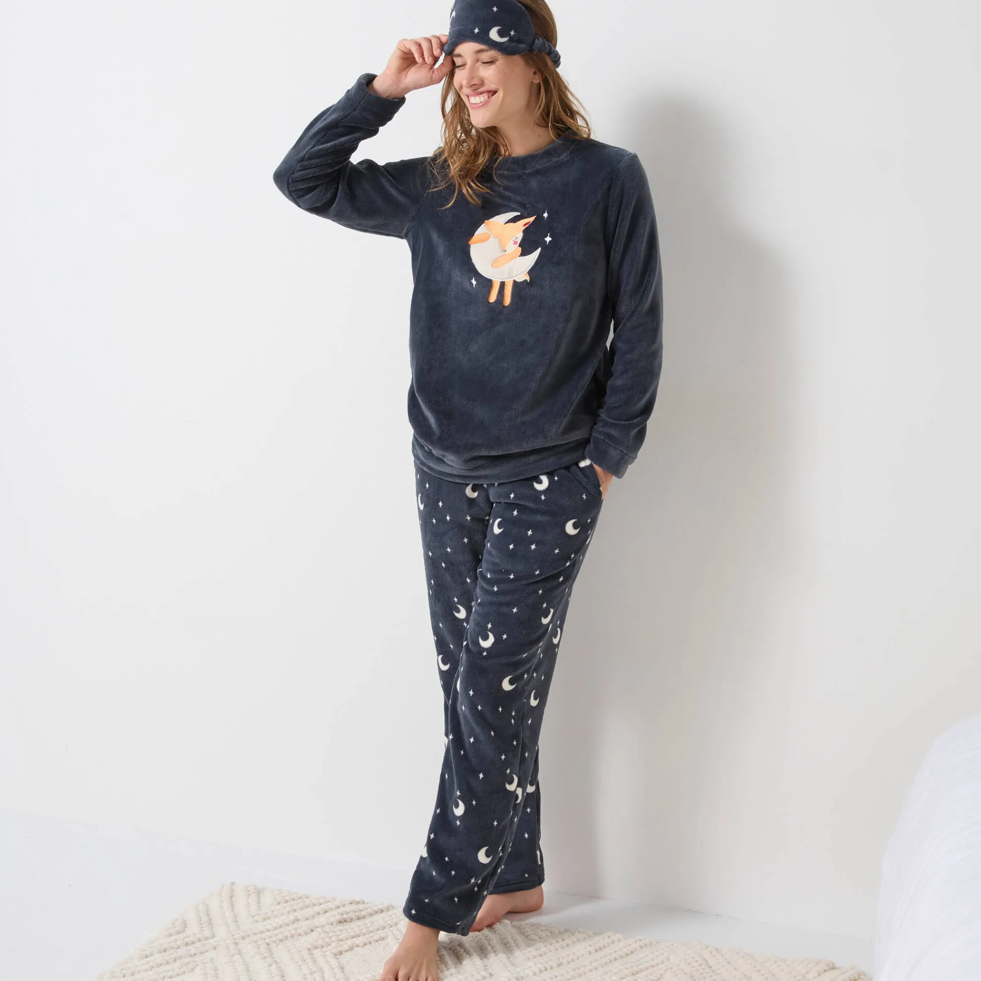 Pyjama<Blancheporte Pyjama in fleece met 'hertenkalf' print, lange mouwen + bijpassend masker leiblauw