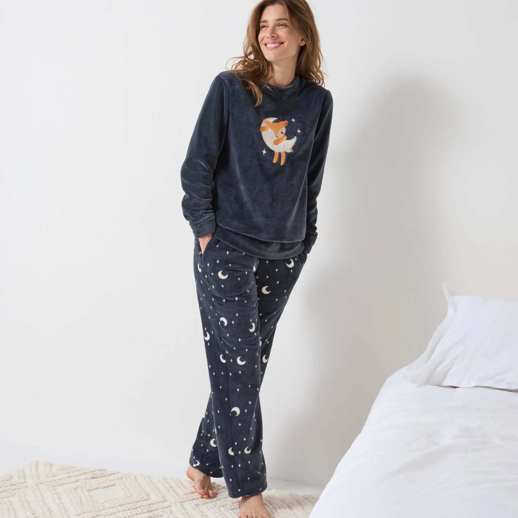 Pyjama<Blancheporte Pyjama in fleece met 'hertenkalf' print, lange mouwen + bijpassend masker leiblauw