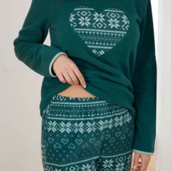 Pyjama<Blancheporte Pyjama in fleece met lange mouwen en hartprint dennengroen