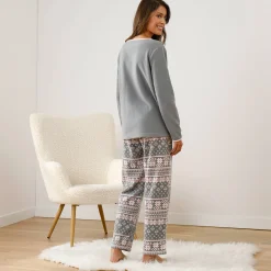 Pyjama<Blancheporte Pyjama in fleece met lange mouwen en hartprint grijs / roze
