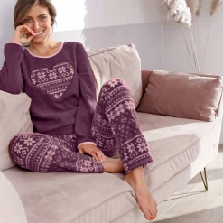 Pyjama<Blancheporte Pyjama in fleece met lange mouwen en hartprint pruim
