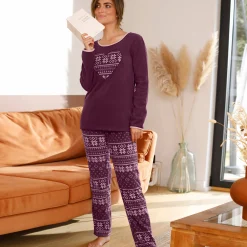 Pyjama<Blancheporte Pyjama in fleece met lange mouwen en hartprint pruim