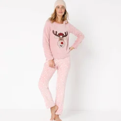 Pyjama<Blancheporte Pyjama in fleece met lange mouwen met 'rendier' motief poederroze
