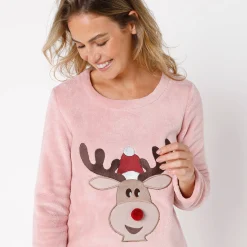 Pyjama<Blancheporte Pyjama in fleece met lange mouwen met 'rendier' motief poederroze