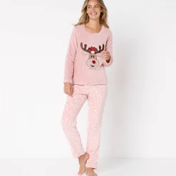 Pyjama<Blancheporte Pyjama in fleece met lange mouwen met 'rendier' motief poederroze