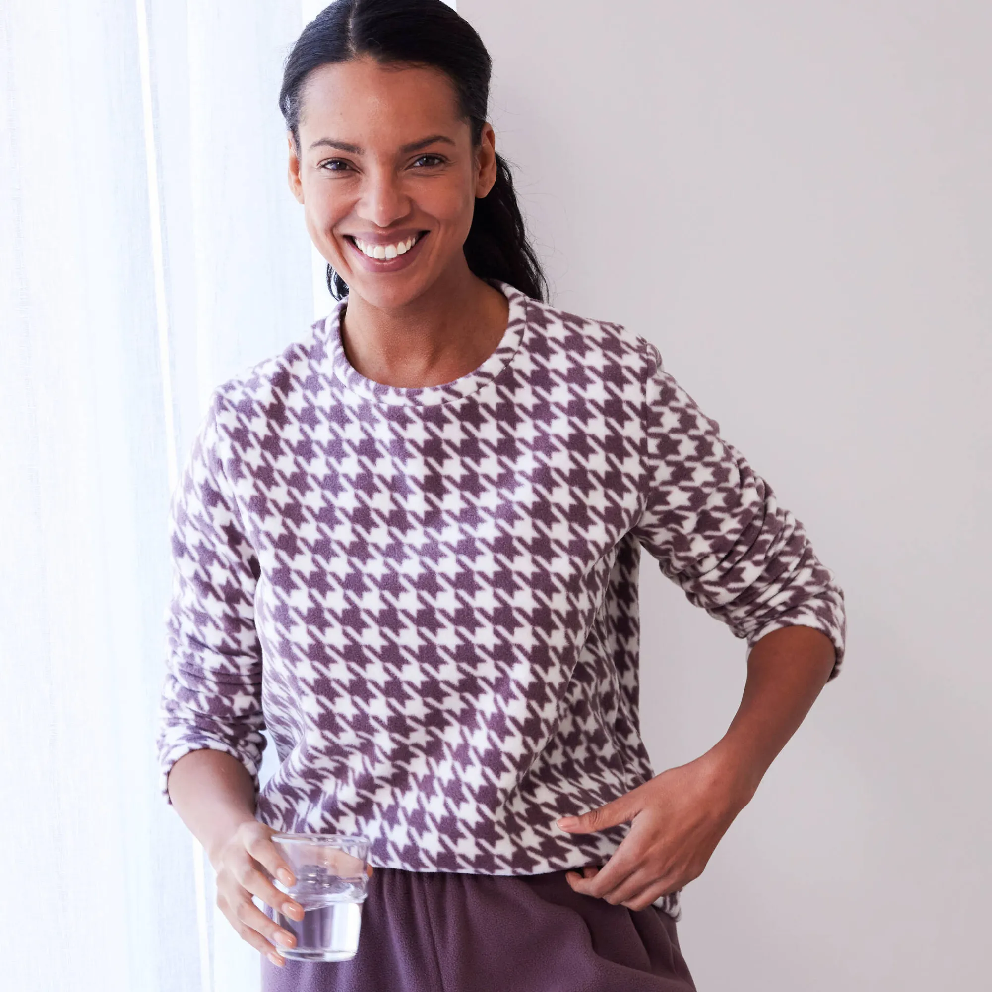 Pyjama<Blancheporte Pyjama in fleece met pied-de-coq print donkertaupe