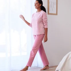Pyjama<Blancheporte Pyjama in fleece met pied-de-coq print roze