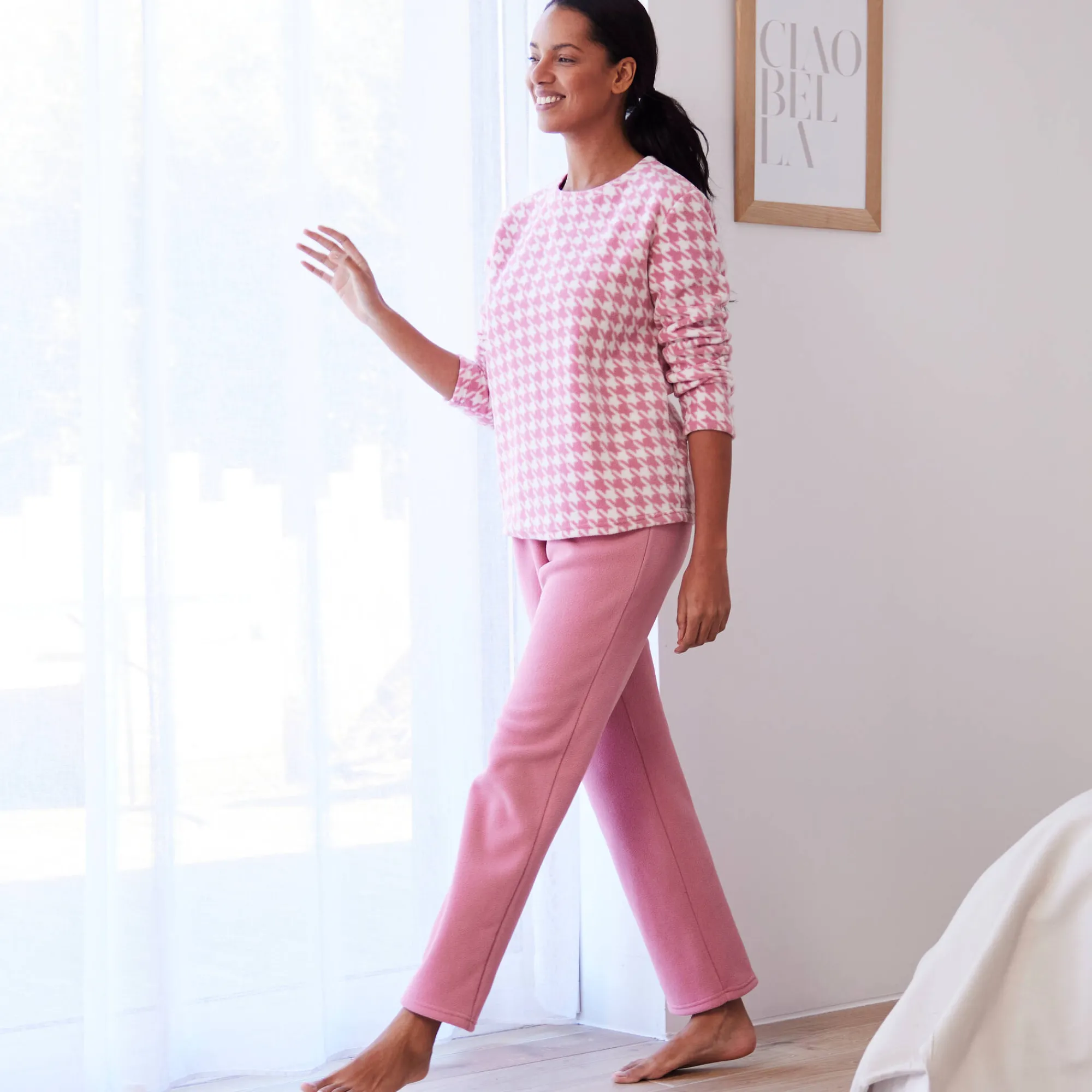 Pyjama<Blancheporte Pyjama in fleece met pied-de-coq print roze