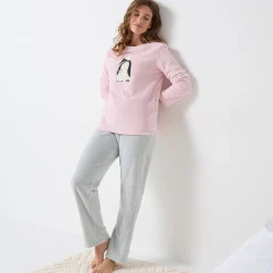 Pyjama<Blancheporte Pyjama in fleece met 'pinguïn' motief, lange mouwen roze / grijs