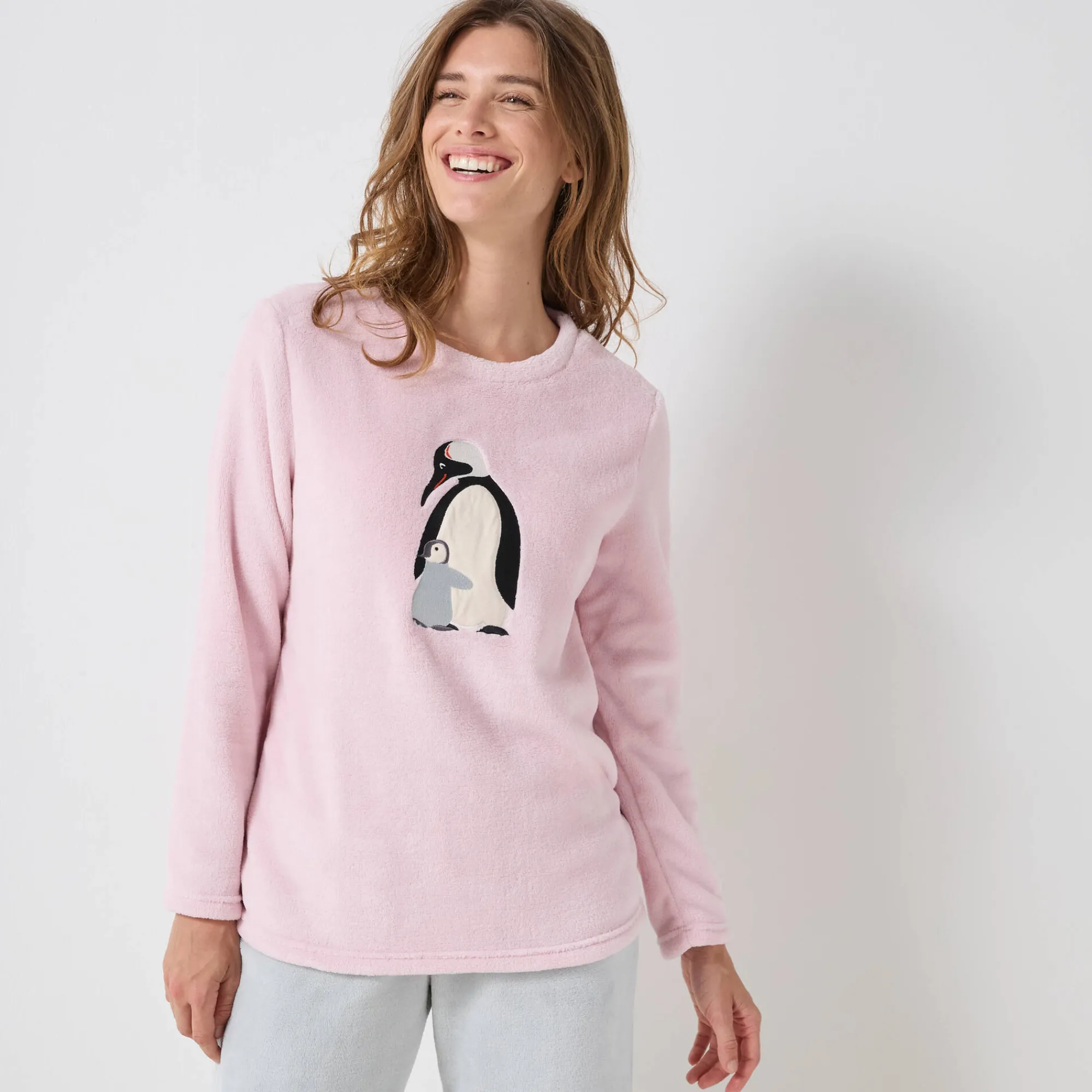 Pyjama<Blancheporte Pyjama in fleece met 'pinguïn' motief, lange mouwen roze / grijs