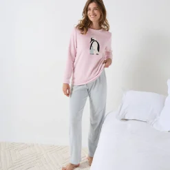 Pyjama<Blancheporte Pyjama in fleece met 'pinguïn' motief, lange mouwen roze / grijs