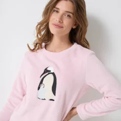 Pyjama<Blancheporte Pyjama in fleece met 'pinguïn' motief, lange mouwen roze / grijs