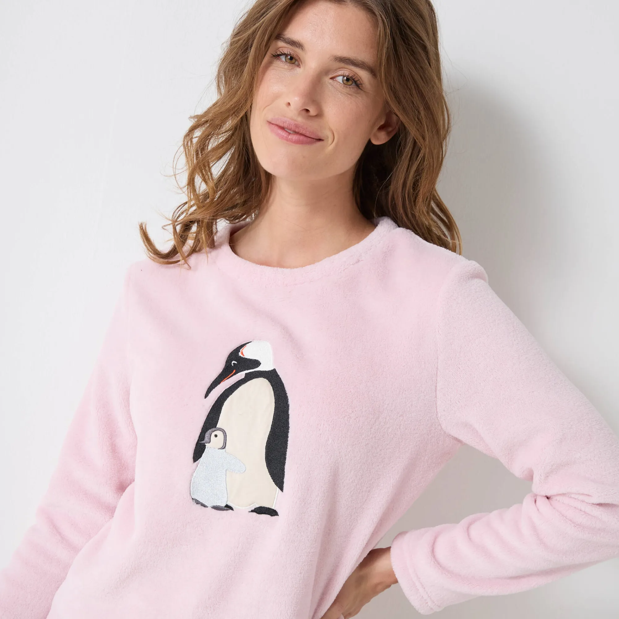 Pyjama<Blancheporte Pyjama in fleece met 'pinguïn' motief, lange mouwen roze / grijs