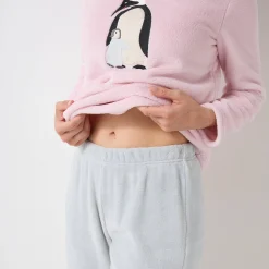 Pyjama<Blancheporte Pyjama in fleece met 'pinguïn' motief, lange mouwen roze / grijs