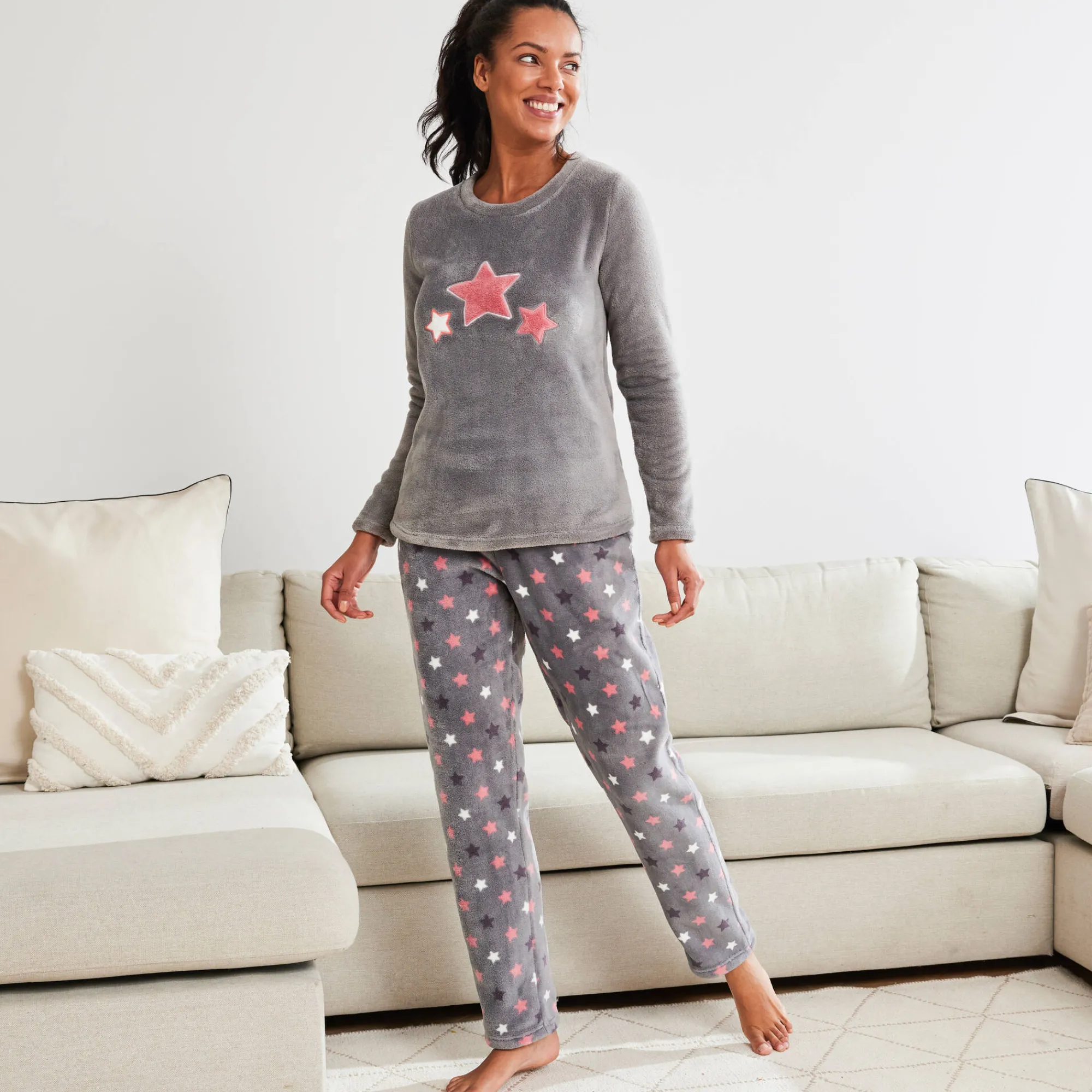Pyjama<Blancheporte Pyjama in fleece met pluchetouch grijs / roze