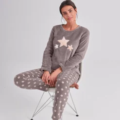 Pyjama<Blancheporte Pyjama in fleece met pluchetouch taupe / roze