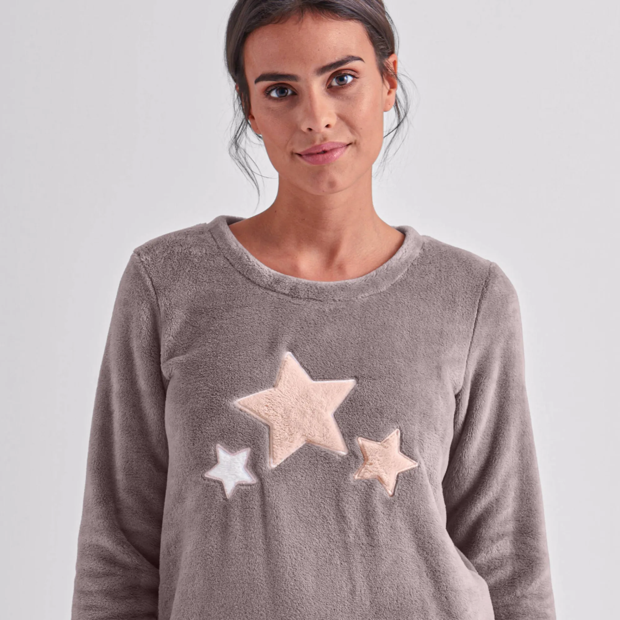 Pyjama<Blancheporte Pyjama in fleece met pluchetouch taupe / roze