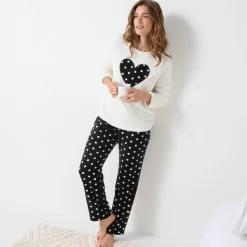Pyjama<Blancheporte Pyjama in fleece met pluchetouch, hartjes- en stippenmotief ecru / zwart