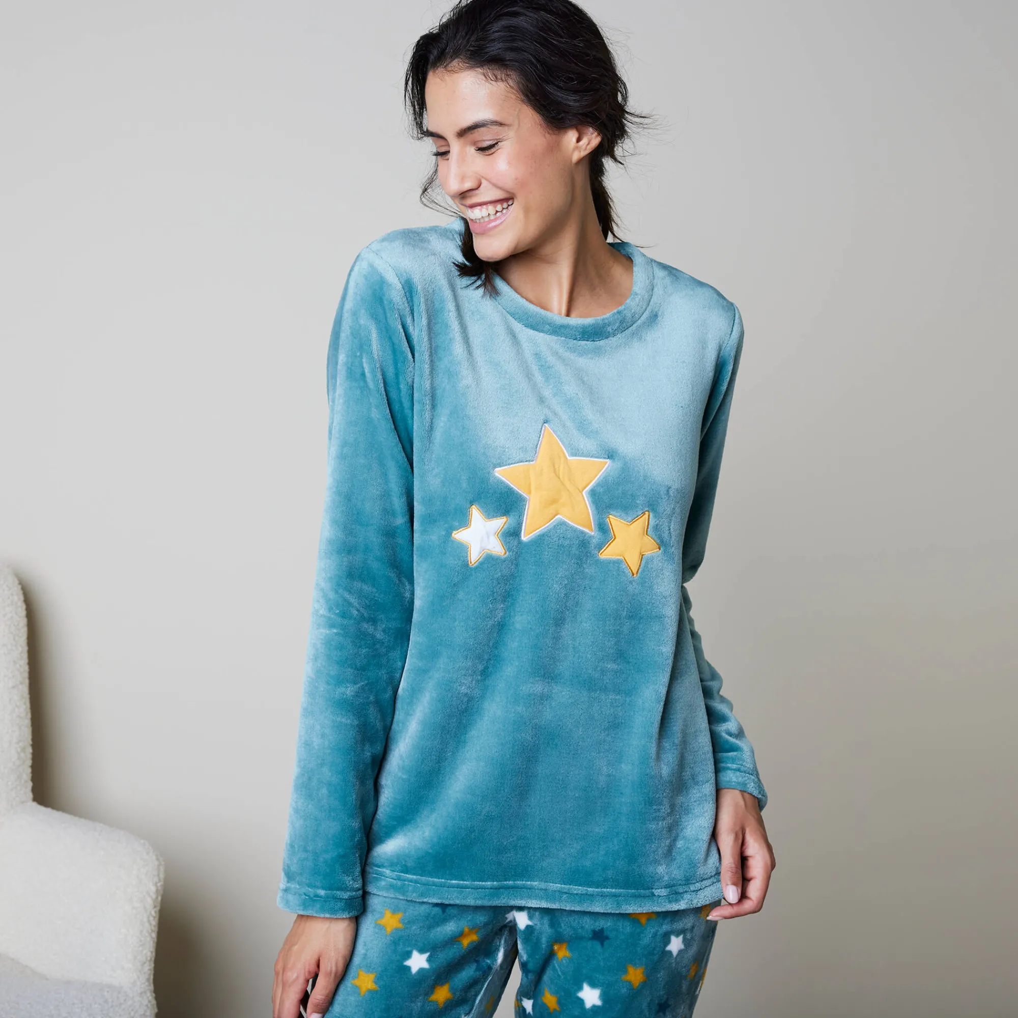 Pyjama<Blancheporte Pyjama in fleece met pluchetouch grijsblauw