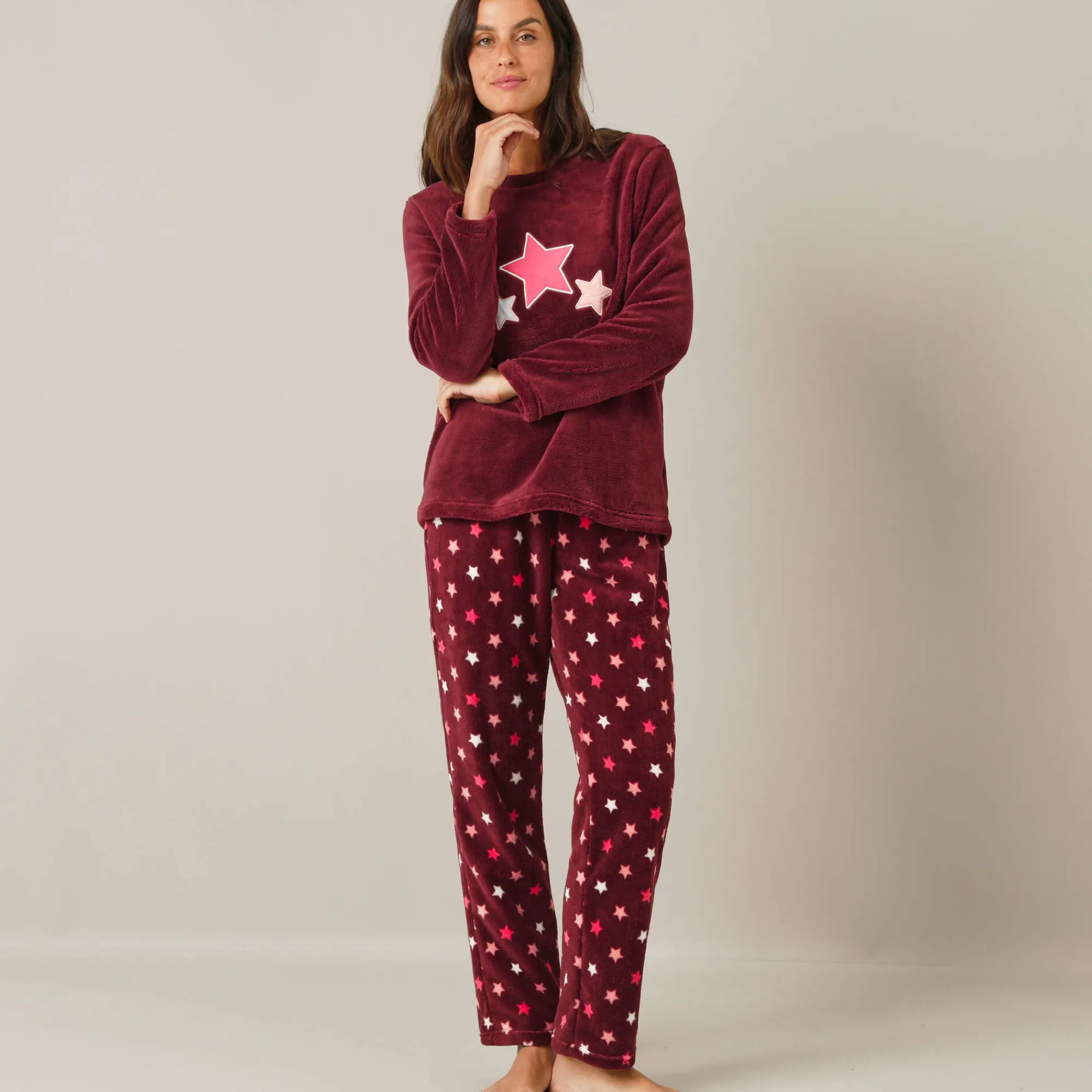 Pyjama<Blancheporte Pyjama in fleece met pluchetouch bordeaux / koraal