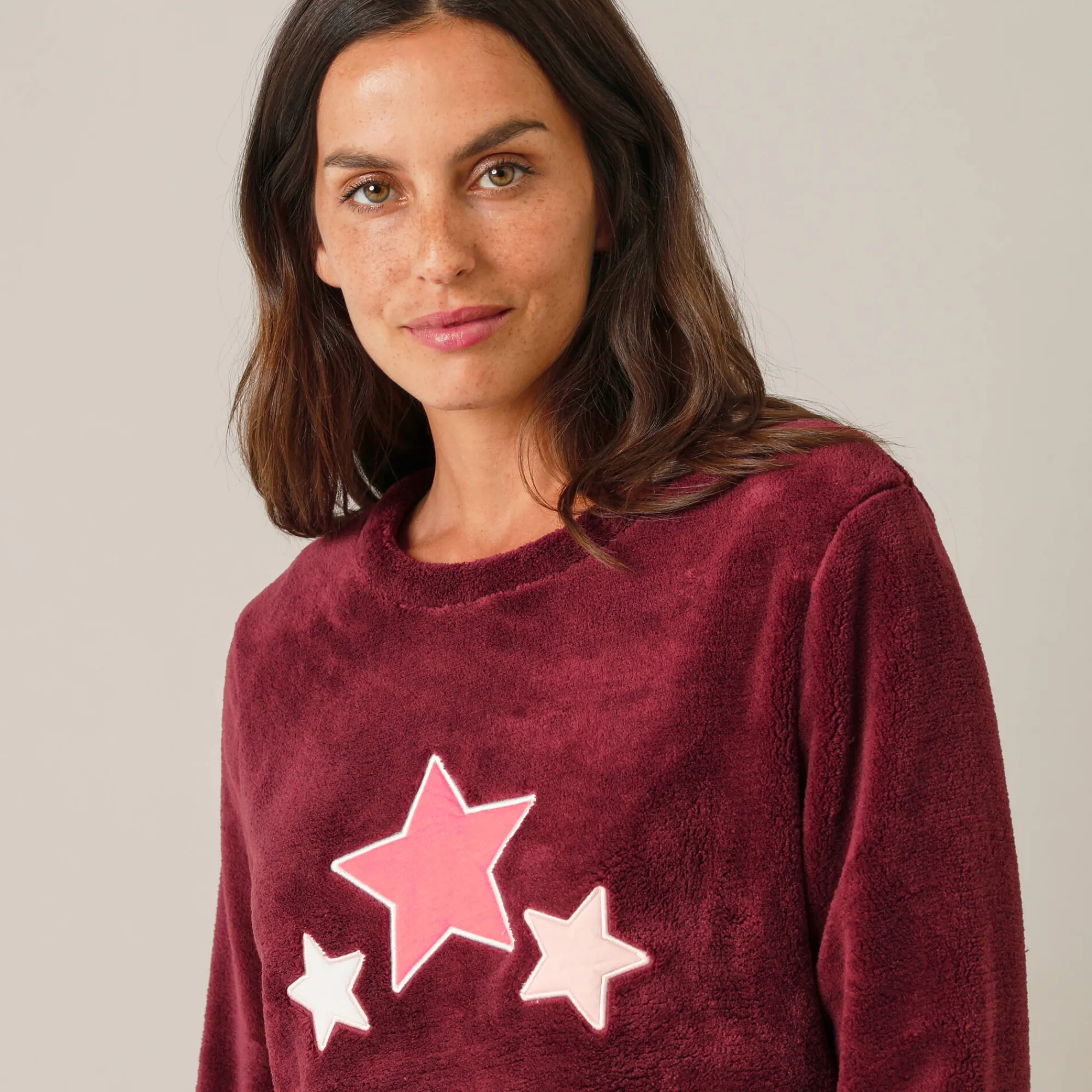 Pyjama<Blancheporte Pyjama in fleece met pluchetouch bordeaux / koraal