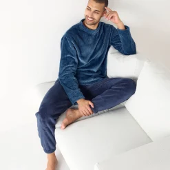 Pyjama En Kamerjas<Blancheporte Pyjama in fleecetricot met textuur, pluchen touch blauw / marine
