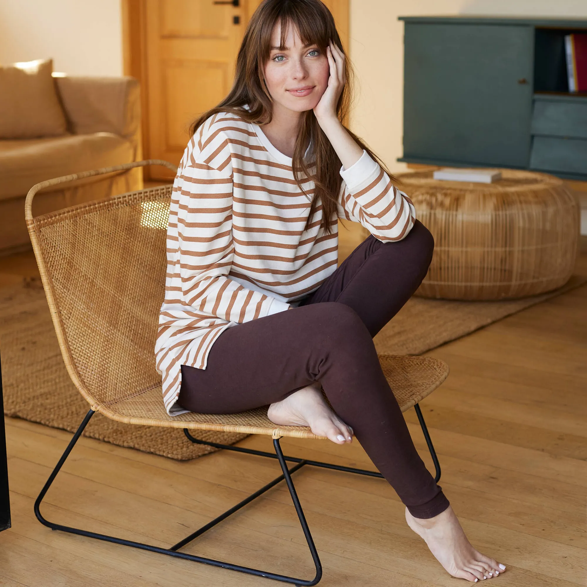 Pyjama<Blancheporte Pyjama in gestreept molton met legging ecru / karamel