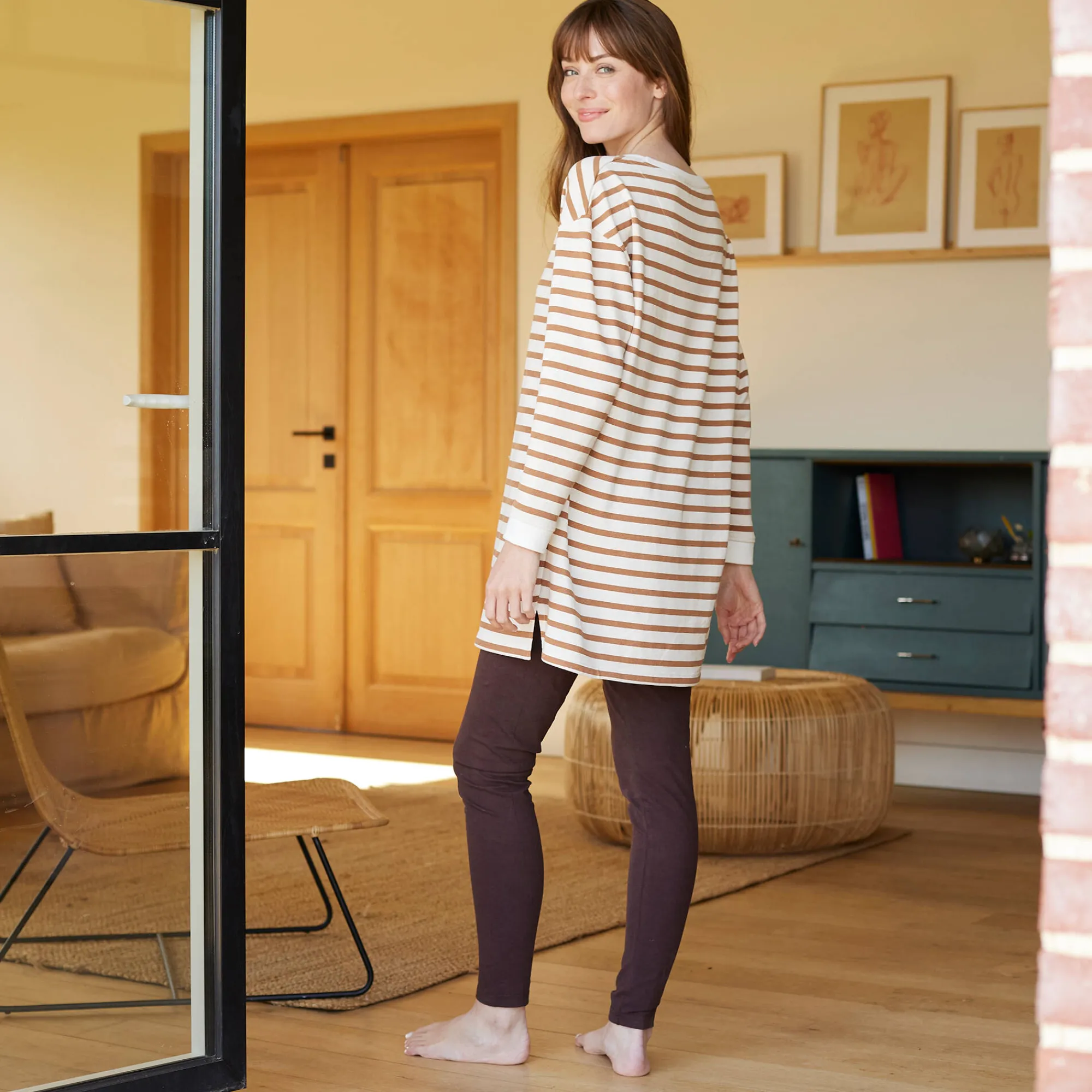Pyjama<Blancheporte Pyjama in gestreept molton met legging ecru / karamel