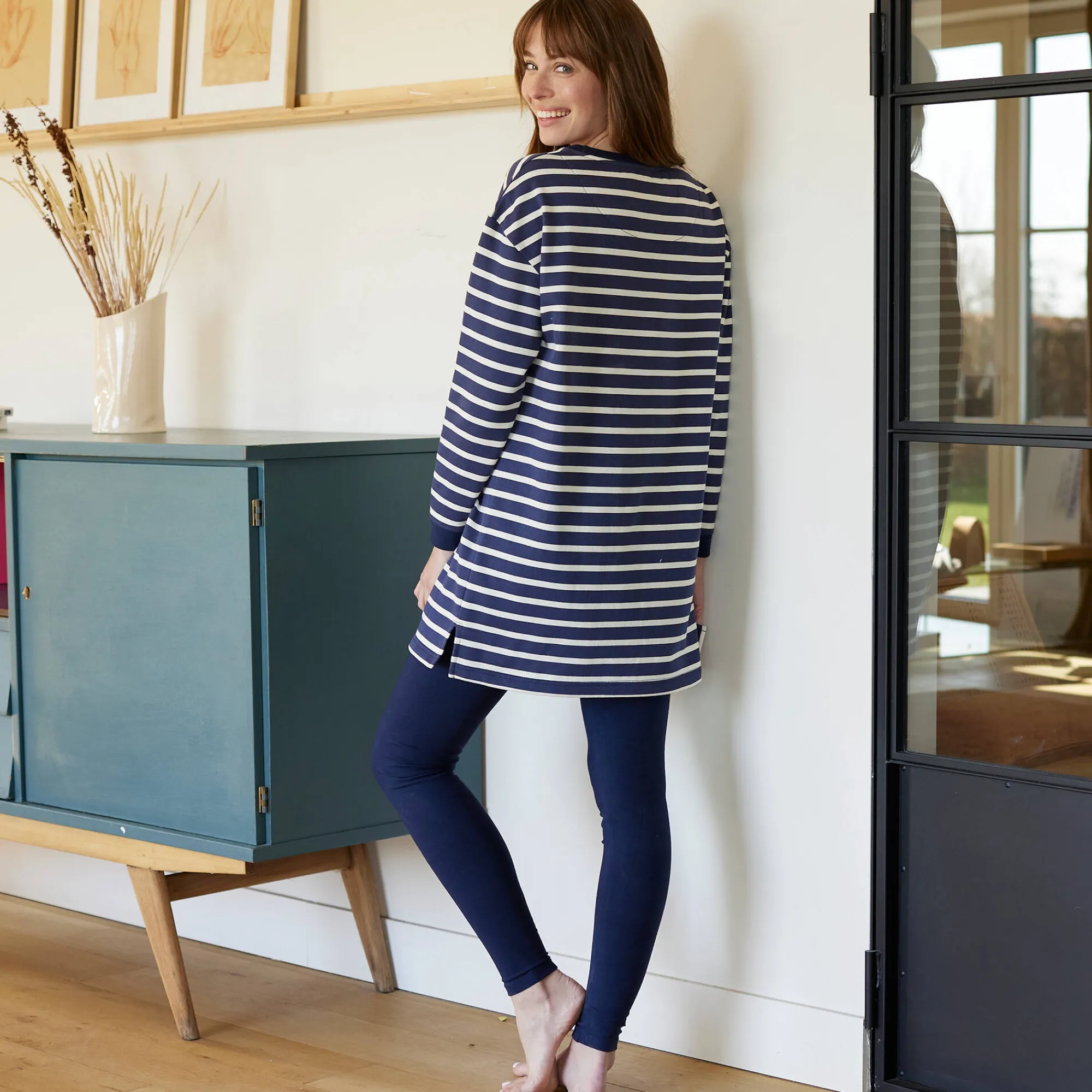 Pyjama<Blancheporte Pyjama in gestreept molton met legging marine / ecru