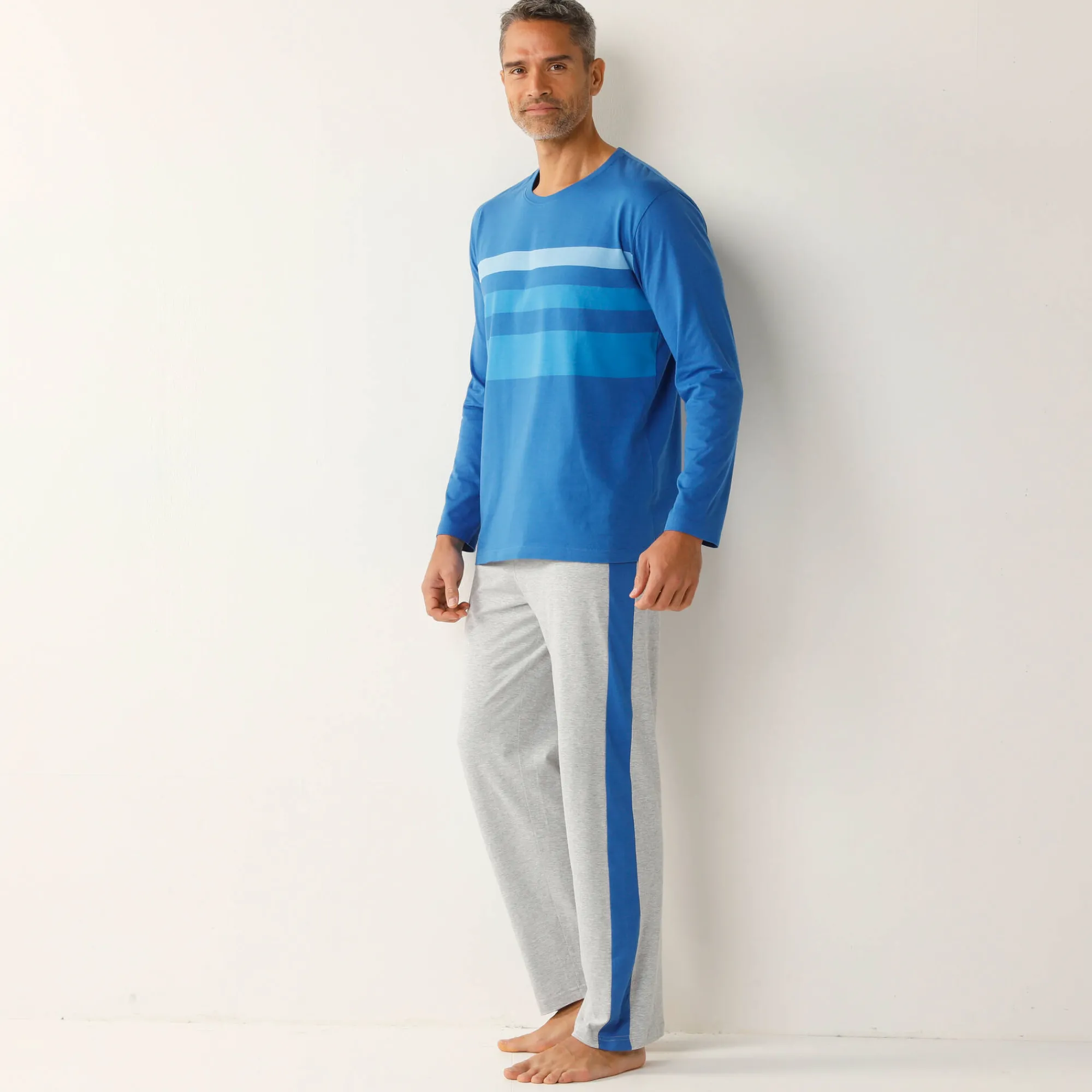 Pyjama En Kamerjas<Blancheporte Pyjama in katoen, geplaatste strepen, ronde hals blauw / grijs