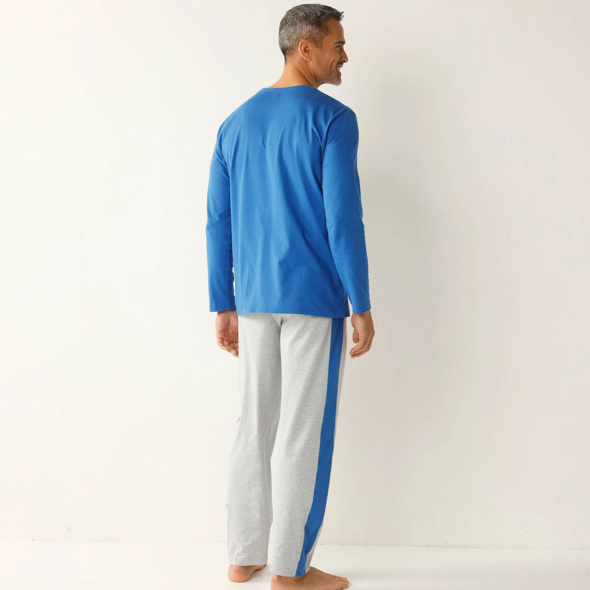 Pyjama En Kamerjas<Blancheporte Pyjama in katoen, geplaatste strepen, ronde hals blauw / grijs