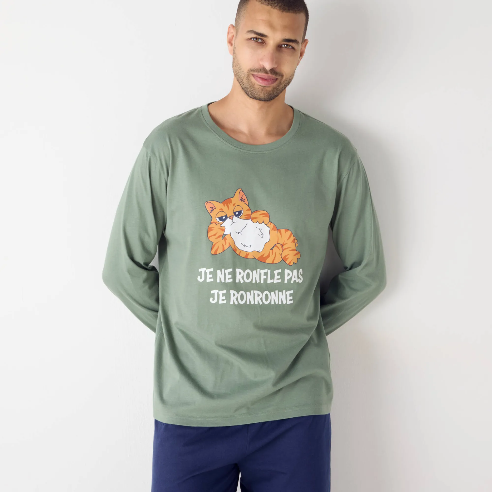 Pyjama En Kamerjas<Blancheporte Pyjama in katoen met opdruk, lange mouwen groen / marine