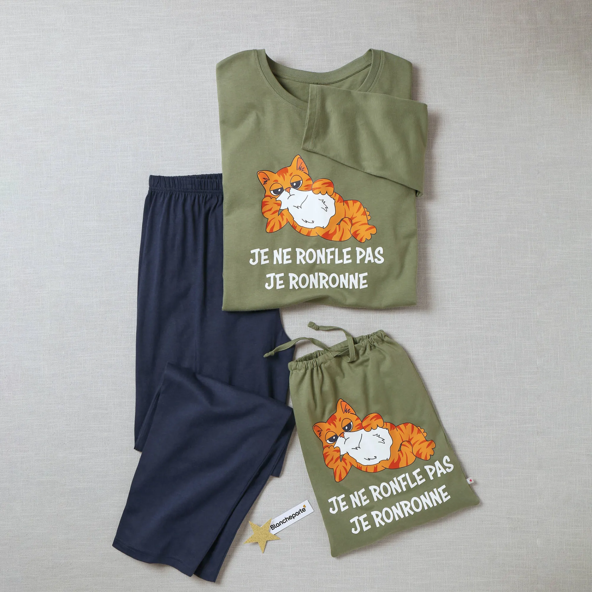 Pyjama En Kamerjas<Blancheporte Pyjama in katoen met opdruk, lange mouwen groen / marine