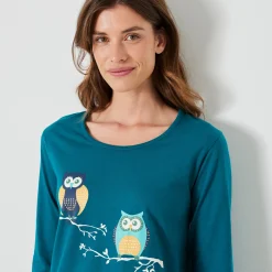 Pyjama<Blancheporte Pyjama in katoen met uilenprint en lange mouwen dennengroen