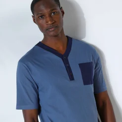 Pyjama En Kamerjas<Blancheporte Pyjama in liketmodel met Tunesische hals - katoenjersey blauw