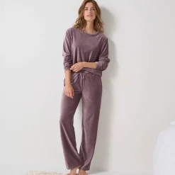 Pyjama<Blancheporte Pyjama in ribvelours, ruim model met lange mouwen taupe
