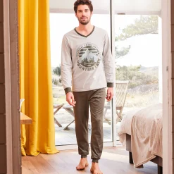 Pyjama En Kamerjas<Blancheporte Pyjama met contrasterende V-hals en lange mouwen kaki / chiné grijs