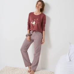 Pyjama<Blancheporte Pyjama met 'eenden' print en vichy in katoen-flanel + bijpassende scrunchy chocolade / ecru