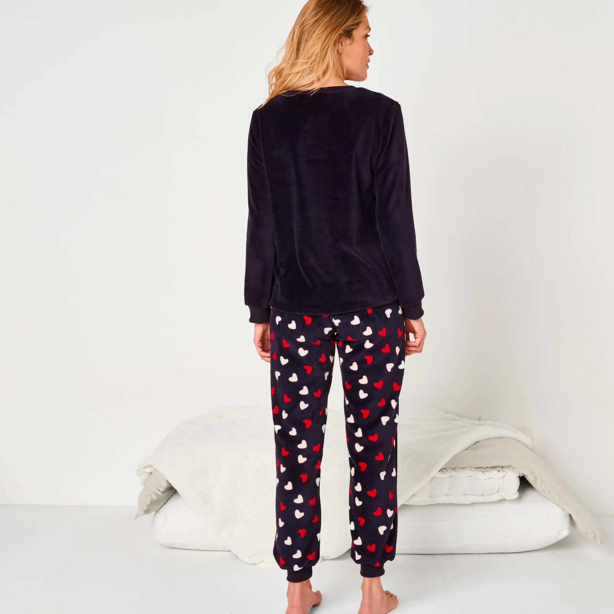 Pyjama<Blancheporte Pyjama met "huis" motief, fleecetricot met pluchetouch marine